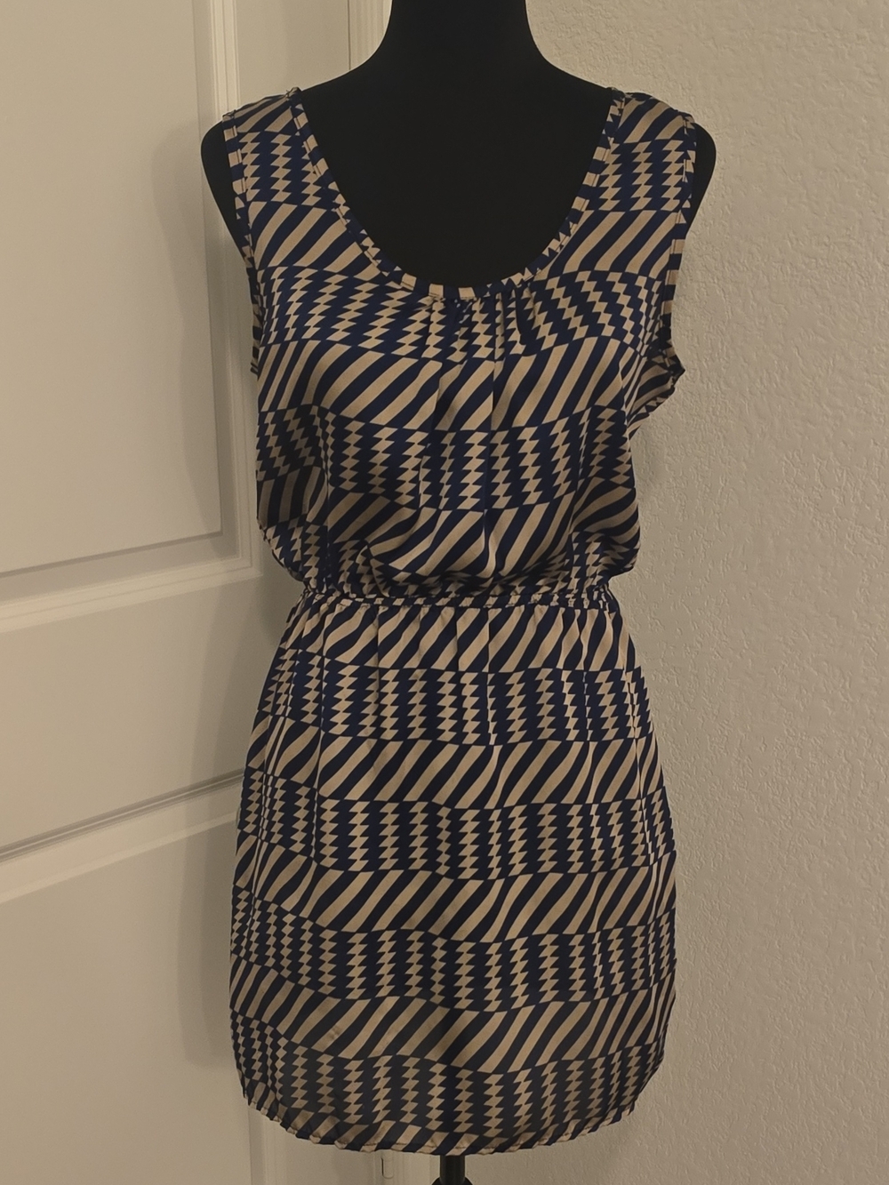 Rosebud Navy and Cream Geometric Silk Blouse